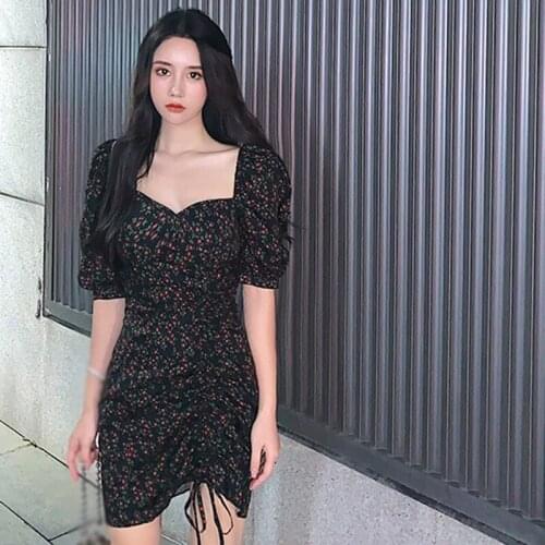 Women Square Neck Flower Print Summer Dress Sweet Short Sleeves Casual Slim Dresses