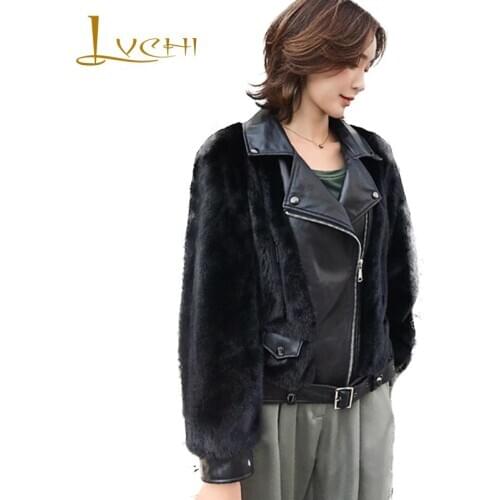 LVCHI 2019 Winter Mink Fur Coat Real Fur Coats Women Full Sleeve Belt Turn-Down Collar Medium Mink Fur Cool Moto Style Coats