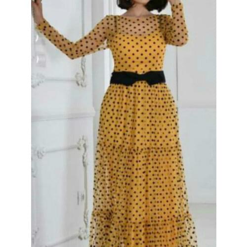 Transparent Two Piece Outfits Mesh See Through Polka Dot Maxi Dress Waist Belt Spaghetti Strap Robes Female Tunics Plus Size 3XL