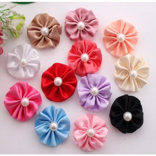 1.3"Handmade Flat Back round pearl Boutique Satin Fabric Flower Applique For DIY