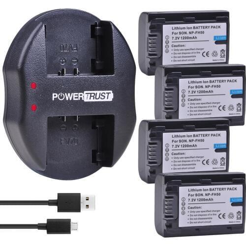4Pcs 1200mAh NP-FH50 NP FH50 Battery and Dual USB Charger for Sony A230 A330 A290 A380 A390 HDR-TG1E TG3 TG5 TG7 DSC-HX1