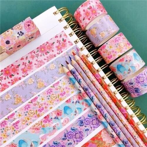 6Rolls/set Flowers Printed DIY Hand Account Material Masking Paper Tape Stickers Journal Gift Box Decoration