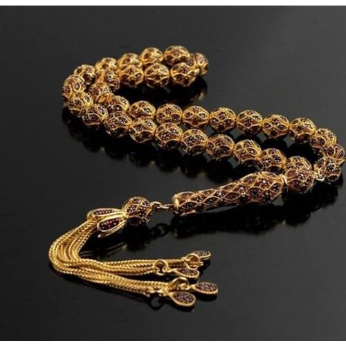 925 Sterling Silver Telcari Model Red Zirconia 33 Piece Tasbih Special Design Islamic Gift, Muslim Prayer Beads