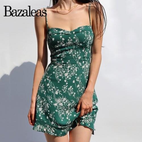 Bazaleas Basic Spaghetti Straps Mini Dress France Vestido Vintage Green Floral Print Women Dress