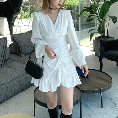 Draped Mini Dress Women Casual High Street French Long Sleeve High Waist Party Elegant Dress Female 2020 Autumn Clothing Korean