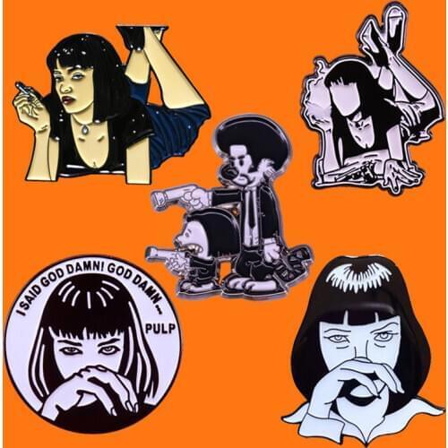 Mia Wallace Pulp Fiction Enamel Pins Funny Girl Punk Metal Cartoon Brooch Hat Bag Collar Lapel Badges Men Women Fashion Jewelry