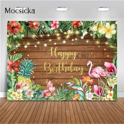 Lets flamingo Birthday Backdrop Rainforest Floral Photo Background Rustic Wood Summer Holiday Party Decoration Supplies Props