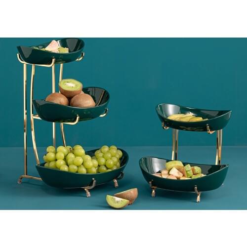 Ceramic Dark Green Fruit Bowl Creative Decoration Metal Rack Snack Tray Living Room Dining Table Tabletop Display Trays Crafts