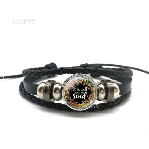 Bible Verse Punk Bracelet It Is Well With My Soul Glass Dome Braided Leather Woven Bracelet Adjustable Bangle For Christmas Gift
