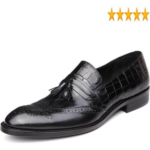 Leather British Vintage Slip Genuine On Formal Shoes Men Pointed Toe Male Footwear Autumn New Fashion Wing Tip Tassel Dress Shoe