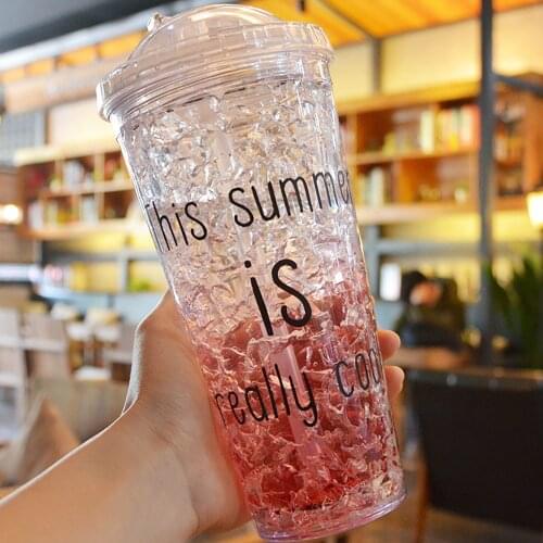 Summer Drinking Cup For adults 550ml&450ml with Straw Ice Glasses Plastic Water Bottle with Cover Refrigeration Crushed Ice Cup