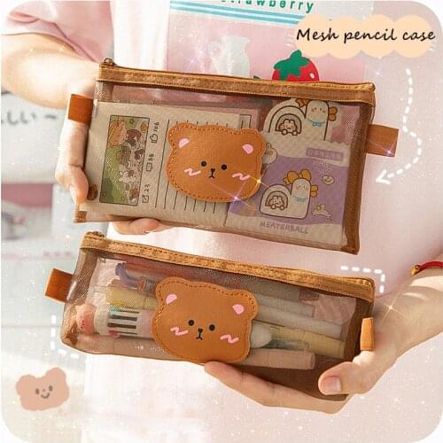 Kawaii Transparen Bear Mesh Pencil Bag Pens Pouch Storage Case Brush Holder Big Capacity Kids Birthday Gift School Stationery