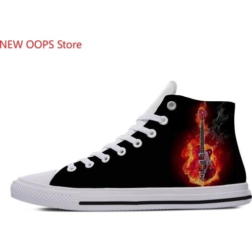 Fire Flame Music Funky Guitar Rock Fashion Lightweight High Top Canvas Shoes Men Women Casual Breathable Sneakers