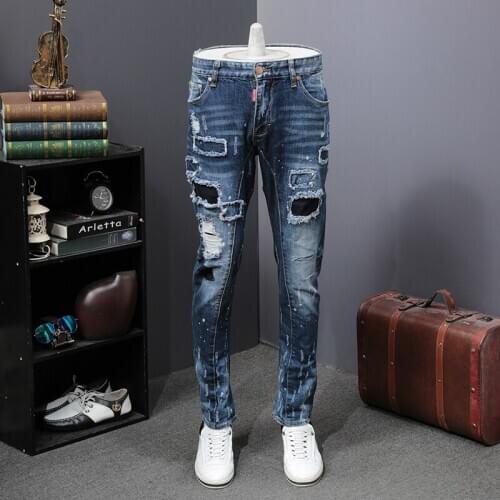 Free Shipping New 2020 mens male American jeans spring autumn fashion hole patch splash ink slim straight stretch pants trouser