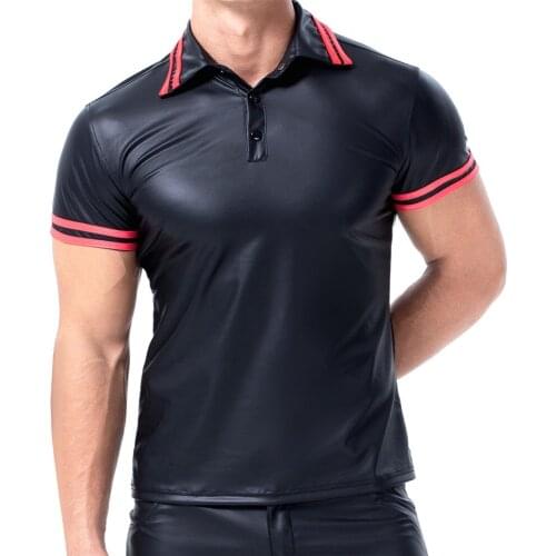 Mens Sexy Soft Faux Leather Short Sleeve T shirts Tops Male Black Tees Tight Shirts Streetwear Undershirts Casual Outfits