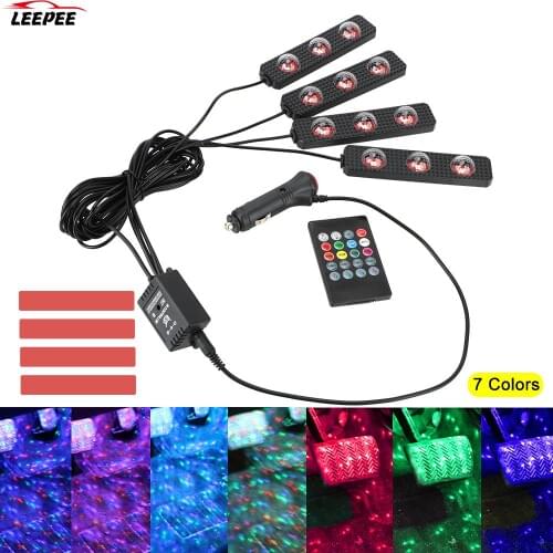 Music voice control 4Pcs/set Remote Control Car Interior Foot Light LED Strip Atmosphere Lamp USB Cigarette lighter RGB LED Bulb