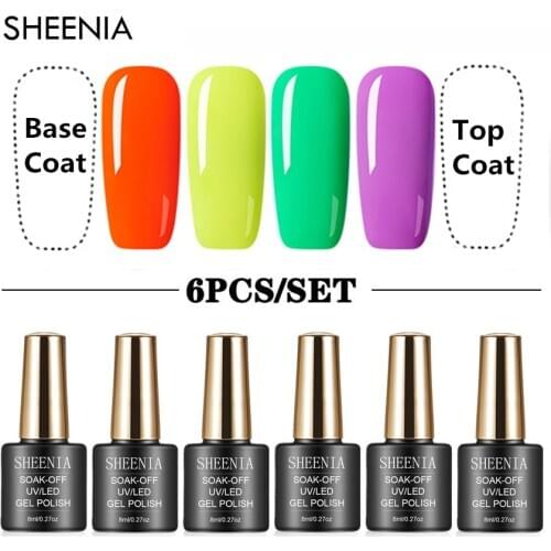 With base/top coat 6Pcs Nail Polish Gel Set Nails Hybrid Gel Vernis Semi Permanent Lot Shiny Glitter Soak Off UV LED Nail Gel