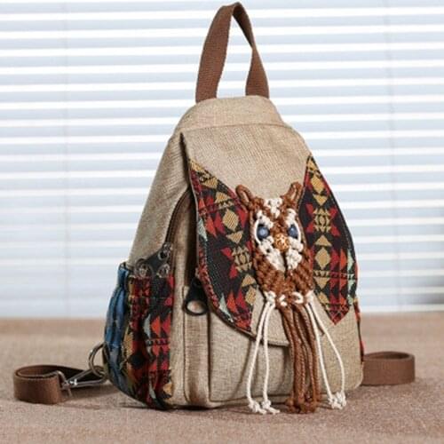 2021 New Handmade Canvas Backpack Women Vintage Weave National Tassel Backpack For Female Splice Owl Pattern Travel Bag