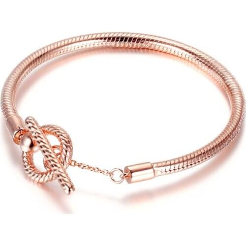 Original Rose Moments T-bar Snake Chain Bracelet Fit 925 Sterling Silver Bead Charm Bangle Diy Europe Jewelry