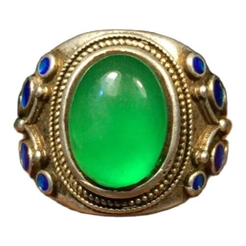 Qing Dynasty old jadeite jade ice seed egg ring face old silver inlaid ring with full silver ring