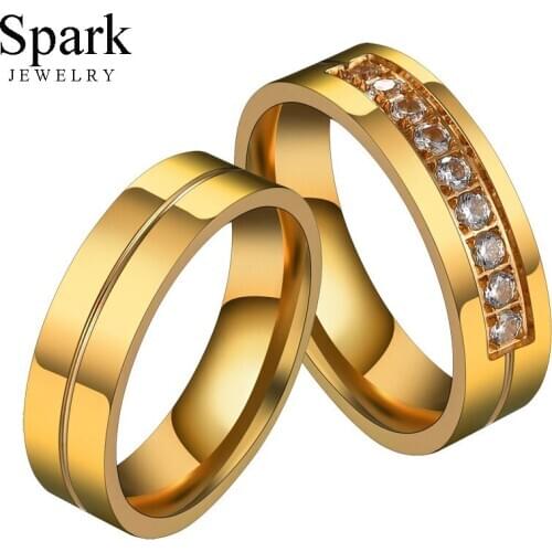 Spark Romantic Wedding Promise Ring 6MM Gold Stainless Steel Zirconia Engagement Rings For Couples Valentines Day Gift Anillos