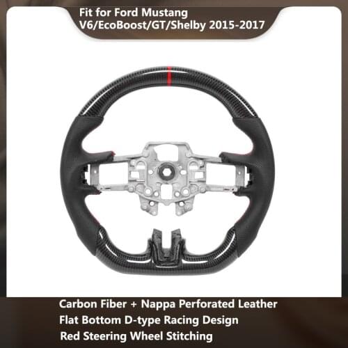 Fit for Ford Mustang V6/EcoBoost/GT/Shelby 2015 2016 2017 Carbon Fiber Steering Wheel Nappa Perforated Leather Red Stitching