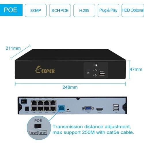 H.265 8CH 8MP POE NVR Audio Out Security Surveillance Network Video Recorder For 1080P 5MP 8MP POE IP Camera
