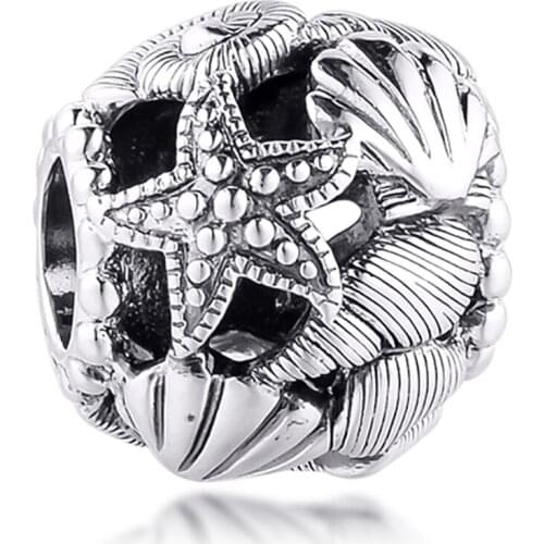 Openwork Starfish Shells & Hearts Charm 925 Sterling Silver Original Beads Fits Pandora Bracelet Fine Jewelry Women DIY Making
