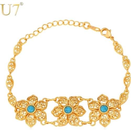U7 Trendy Gold Color Blue Stone Fashion Jewelry Wholesale Vintage Flower Lace Style Chain Bracelet For Women H577