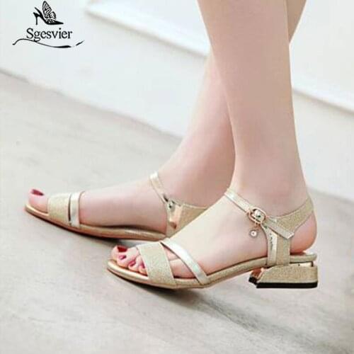 Sgesvier 2020 new fashion gold silver women sandals peep toe buckle straps shoes woman thick heel date dress shoes female G349