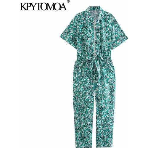 KPYTOMOA Women 2021 Fashion With Belt Floral Print Zip-up Jumpsuits Vintage Shorts Sleeve Side Pockets Female Playsuits Mujer