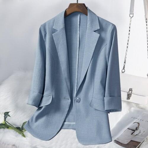 Women New Fashion 2021 Summer Cotton Linen Thin Slim Suits Casual Ladies Three Quarter Sleeve Pink Blue Single Button Blazer