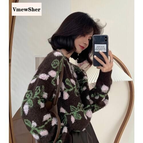 VmewSher New Floral Embroidery Women Sweater Winter Fashion Loose Flower Knitwear Chic Pullover O Neck Jumper Elegant Knit Top