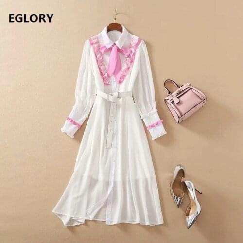Bow Tie Elegant Dress 2021 Spring Summer Runway Women Turn-down Collar Pink Ruffle Deco Long Sleeve Sexy White Dress With Belt