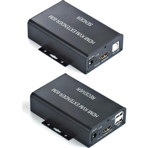 1 Pair 60M Video Extension Adapter HDMI-compatible KVM USB-A Keyboard Mouse Aluminium Alloy RJ45 Lan Ethernet Extender TX RX