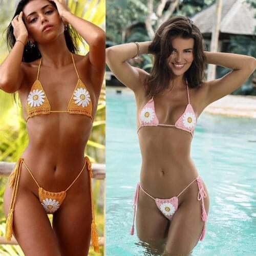 13 Color Hand Crochet Lace Thong String Daisy Applique Mini Bikini Set Micro Swimwear Sunbathing