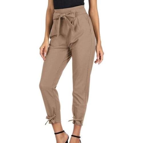 Women Pants Solid Color High Waist Bottoms Bow Knot Removable Belt Pencil Long Pants Ladies Trousers Casual Streetwear Autumn