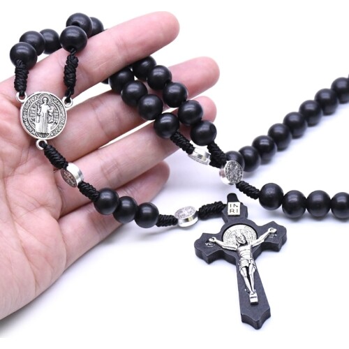 Black Wooden Christ Jesus Cross Religious Necklace Catholic Rosary Necklace Church Souvenirs Prayer Pendant Necklace