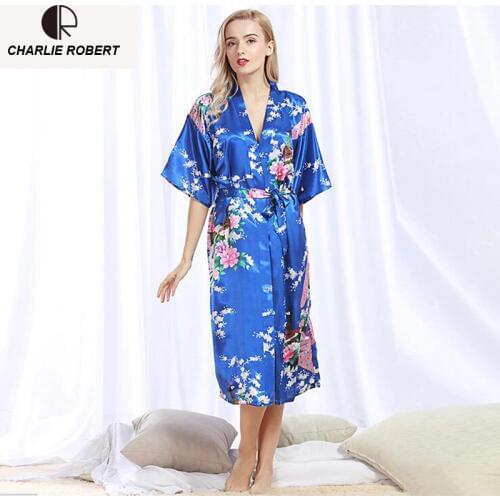 CR Summer Silk Robes Bathrobe Women Satin Robe Print Peacock Sleepwear Sexy Nightgrown 12 Color Drop Shipping AP402