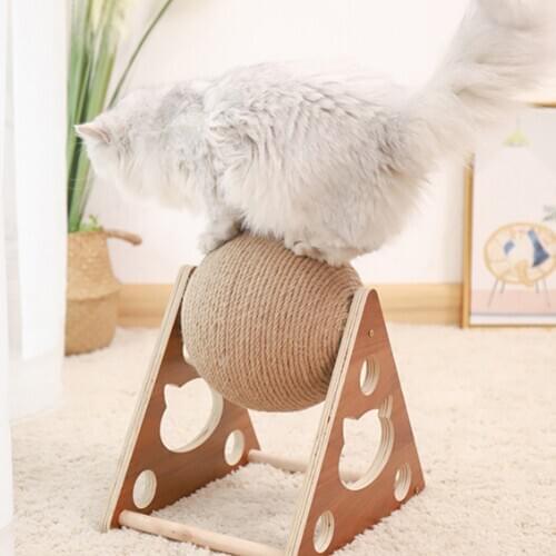Wooden Rotating Cat Scratching Ball Cat Scratching Board Sharpening Claws Handmade Sisal Rope Durable Educational Cat Toy