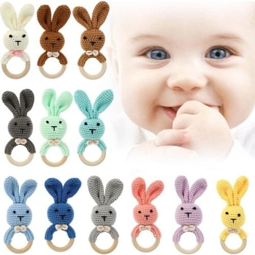 DIY Crochet Bunny Rattle Baby Wooden Teether Ring Infant Teething Nursing Soother Play Gym Educational Toy for Newborn BPA Free