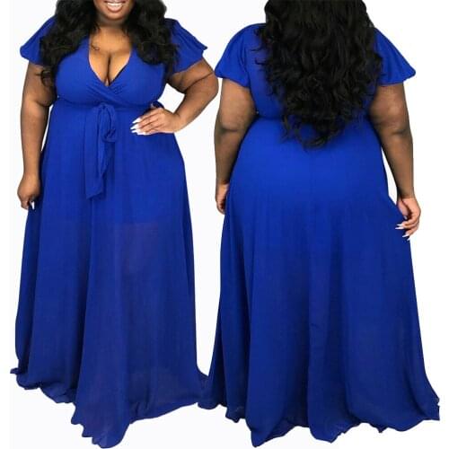 Elegant Evening Dresses Fashion Sexy V Neck Chiffon Solid Color Short Sleeves Belt Plus Size Women Dress Wholesale Dropshipping