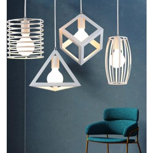 White Geometrical Iron Cage Pendant Light Cube Metal Lights Loft Industrial Retro Ceiling Hanging Lamp for Home Bar Cafe Art