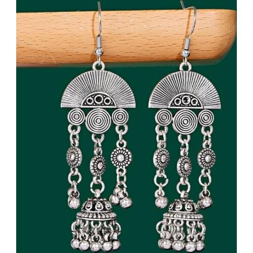 Classic Womens Sector Silver Color Earrings Pendant Kolczyki Bijoux Vintage Beaded Tassel Earrings Ethnic Tribe Indian Jewelry