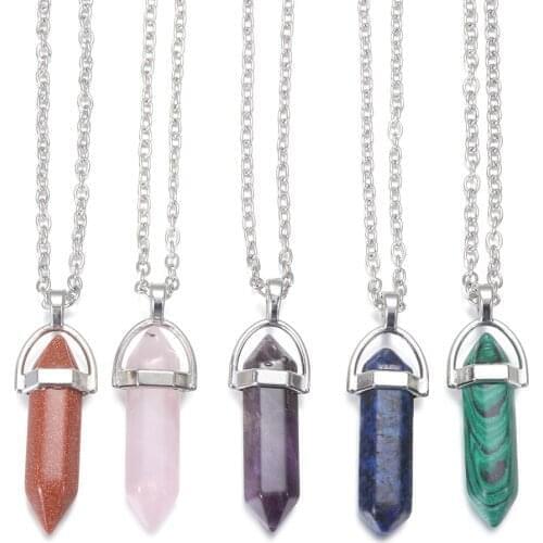 Chakra Healing Point Pendulum Stone Silver Plated Natural Quartz Crystal Hexagonal Pendant Necklace Jewelry Accessories