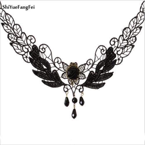 Fashion Womens Black Fabric Rose Flower Beads Pendant Necklace Lace Necklace Gothic Jewelry False Collar Necklace