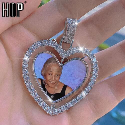 Hip Hop Custom Made Photo Heart Rotating Double-sided Iced Out Bling Cubic Zircon Necklace&Pendant For Men Jewelry Tennis Chain