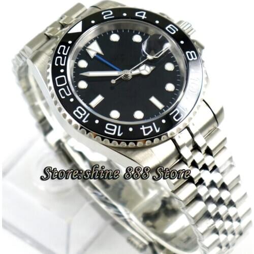 40mm PARNIS black sterile dial black ceramic bezel Jubilee steel strap Sapphire Blue GMT automatic mens watch