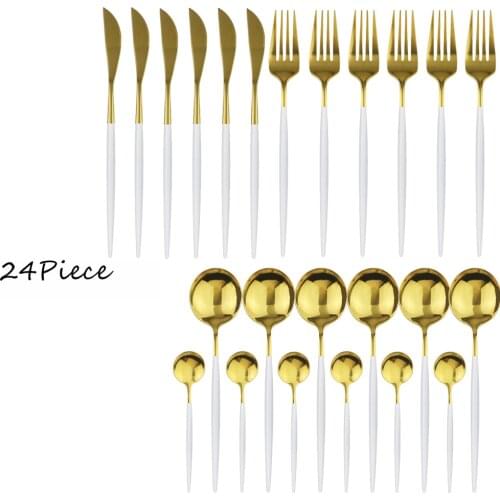 24pcs White Gold Tableware Set Stainless Steel Flatware Set Knife Fork Spoon Dinnerware Set Kitchen Cutlery Set Dishwasher Safe