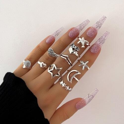 Aprilwell 10-11 Pcs Punk Star Rings for Women Gothic Heart Letter 2021 Trend Emo Anillos Set E girl Fashion Jewelry Streetwear